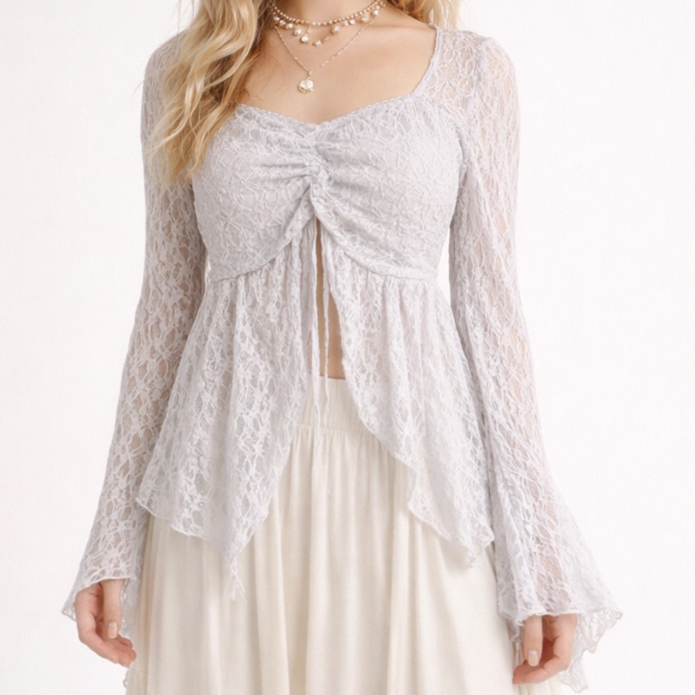 Y2K FRENCH TWIST Babydoll Lace Split Hem Bell Sleeve Top Fairy Boho Angel Size S